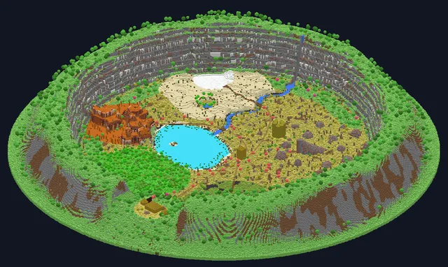 Isometric render of the Safari Zone crater with a lake, red canyon, desert, forest and grassland zones
