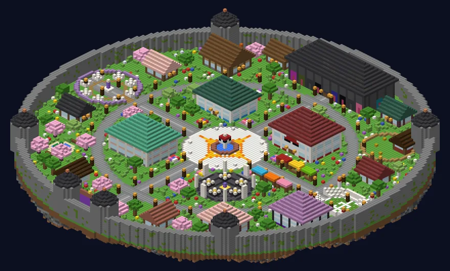 Isometric render of Shine City: a walled round town on a floating island, with a fountain plaza, gyms and houses